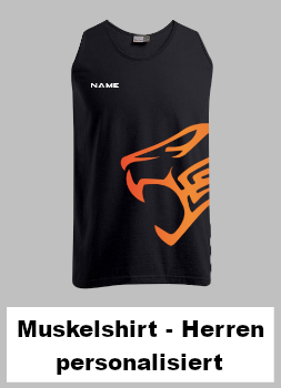 Ein schwarzes Herren Muscle Shirt mit einem großen, orangenen TU-Löwenkopf auf der linken Seite. Auf der rechten Brustseite der weiße Text 'Dein Name'.