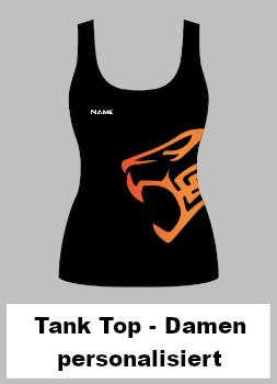 Ein schwarzes Damen Tank Top mit einem großen, orangenen TU-Löwenkopf auf der linken Seite. Auf der rechten Brustseite der weiße Text 'Dein Name'.
